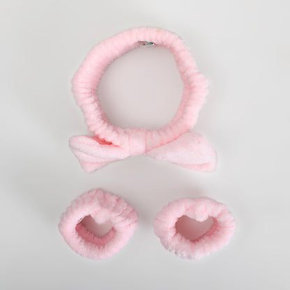 Bow Spa Headband &amp; Wristband Set – Pink Plush Skincare Headband