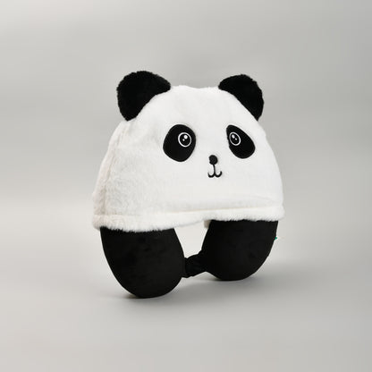 Memory Foam U-Shaped Neck Pillow with Hood- Panda- Black and White