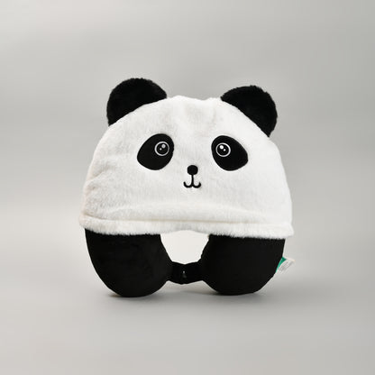 Memory Foam U-Shaped Neck Pillow with Hood- Panda- Black and White