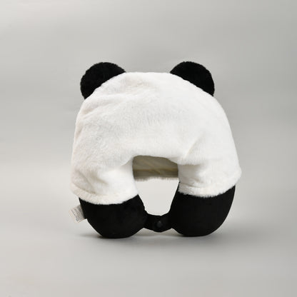 Memory Foam U-Shaped Neck Pillow with Hood- Panda- Black and White