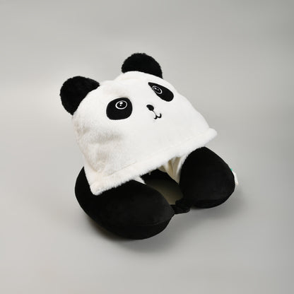 Memory Foam U-Shaped Neck Pillow with Hood- Panda- Black and White