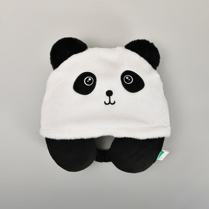 Memory Foam U-Shaped Neck Pillow with Hood- Panda- Black and White