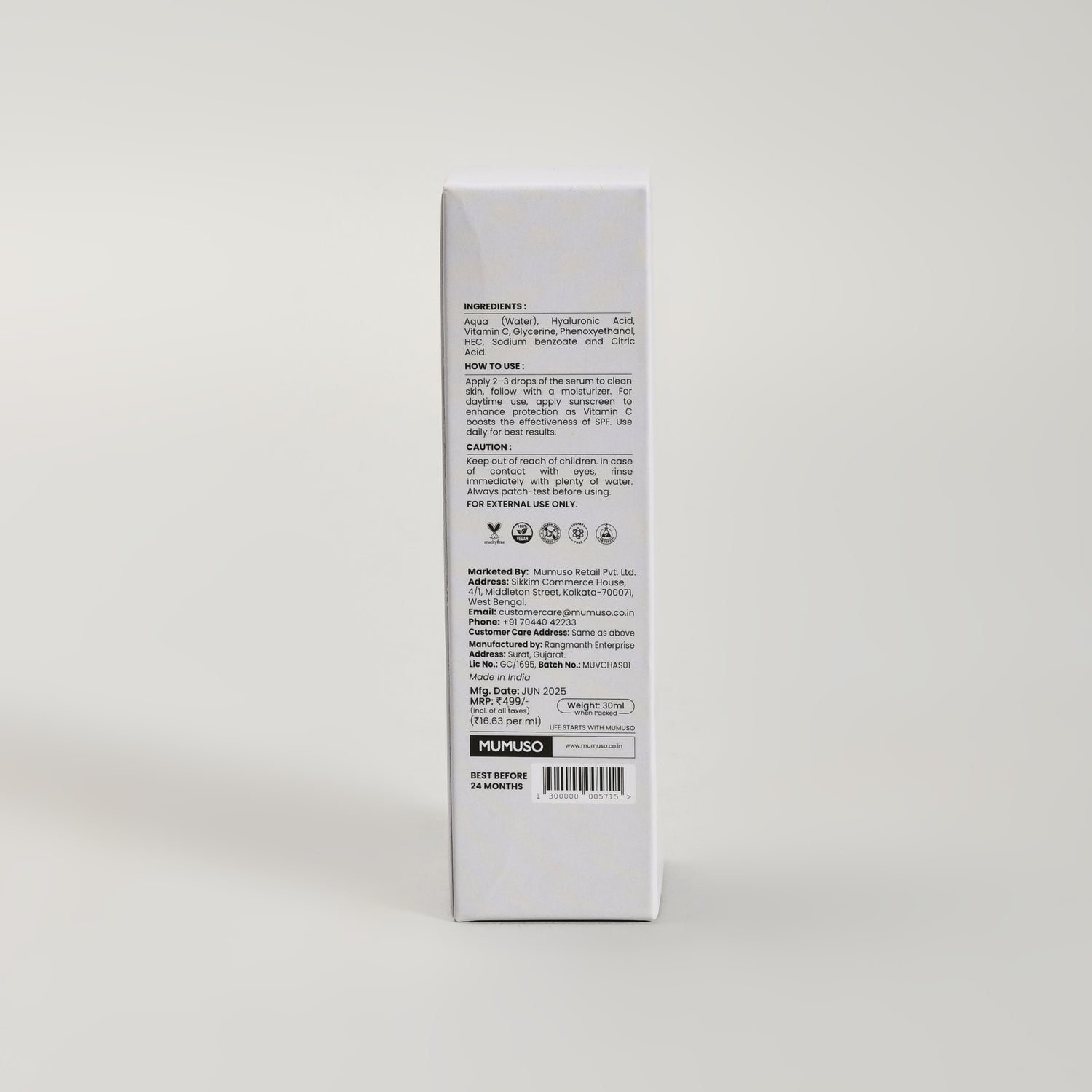 Mumuso Skin Essential: Vitamin C with Hyaluronic Acid Serum- 30ml