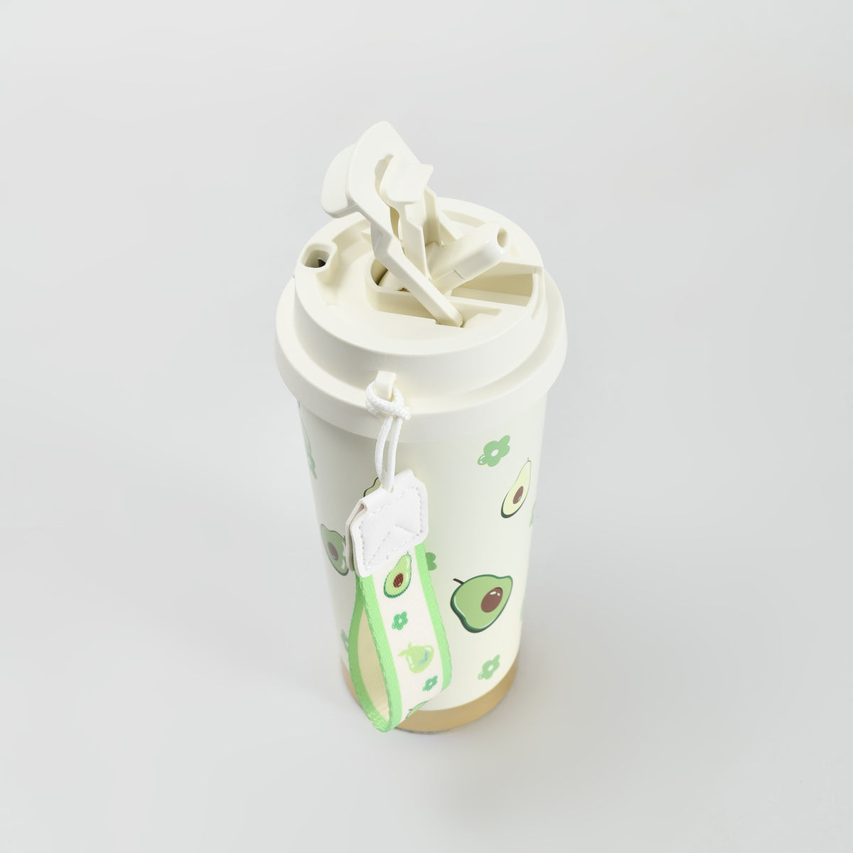 Mumuso Avocado Insulated Coffee Tumbler with Lanyard- Green/ 550ml
