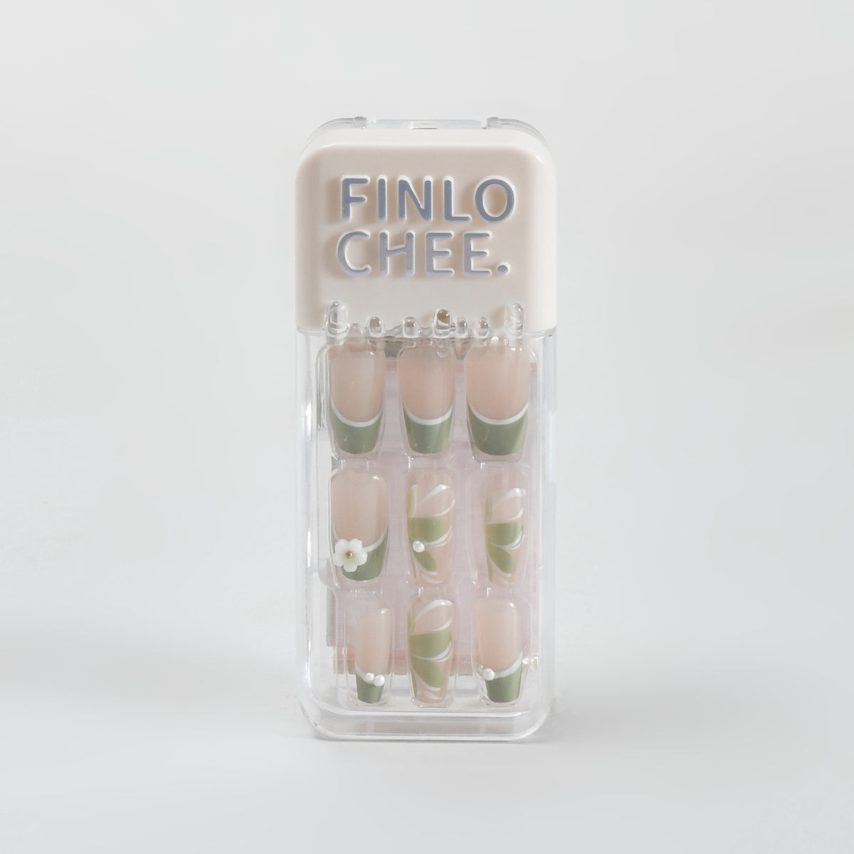 Press on Nail Wraps Set - Dancing Flower / Nude Beige &amp; Green