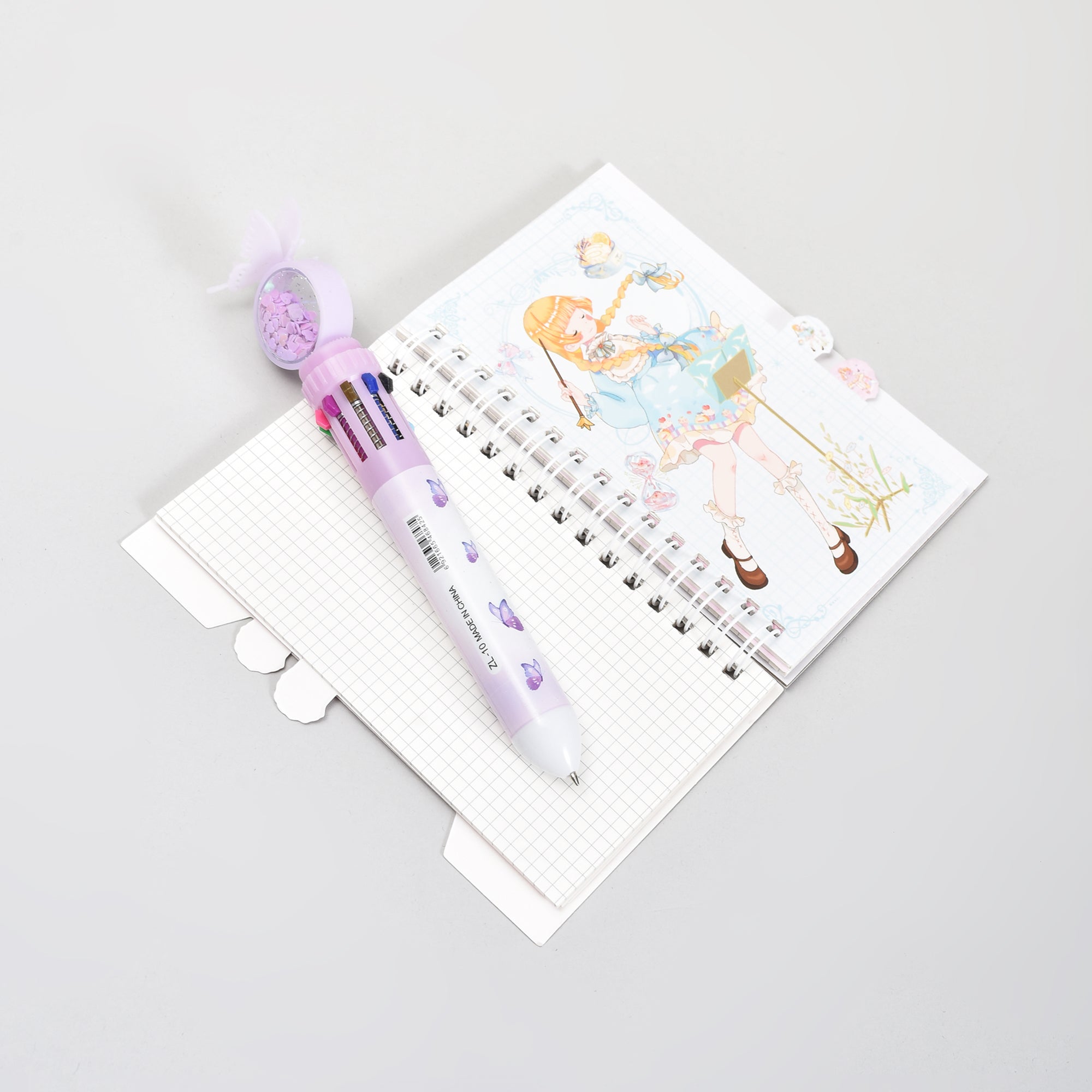 Fairy Tale Spiral Notebook &amp; Butterfly 10 Colour Pen Set- Purple