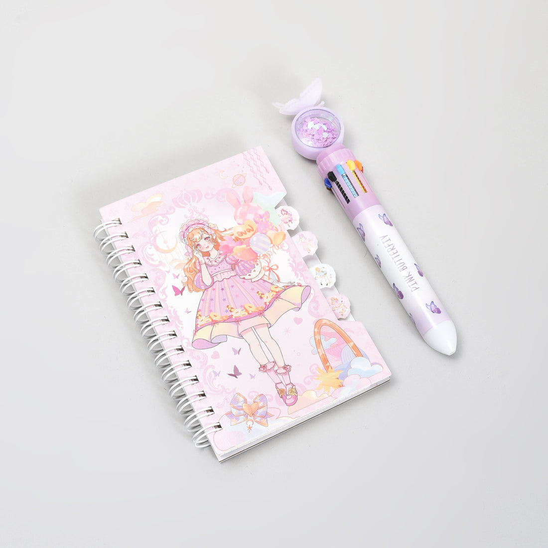 Fairy Tale Spiral Notebook &amp; Butterfly 10 Colour Pen Set- Purple