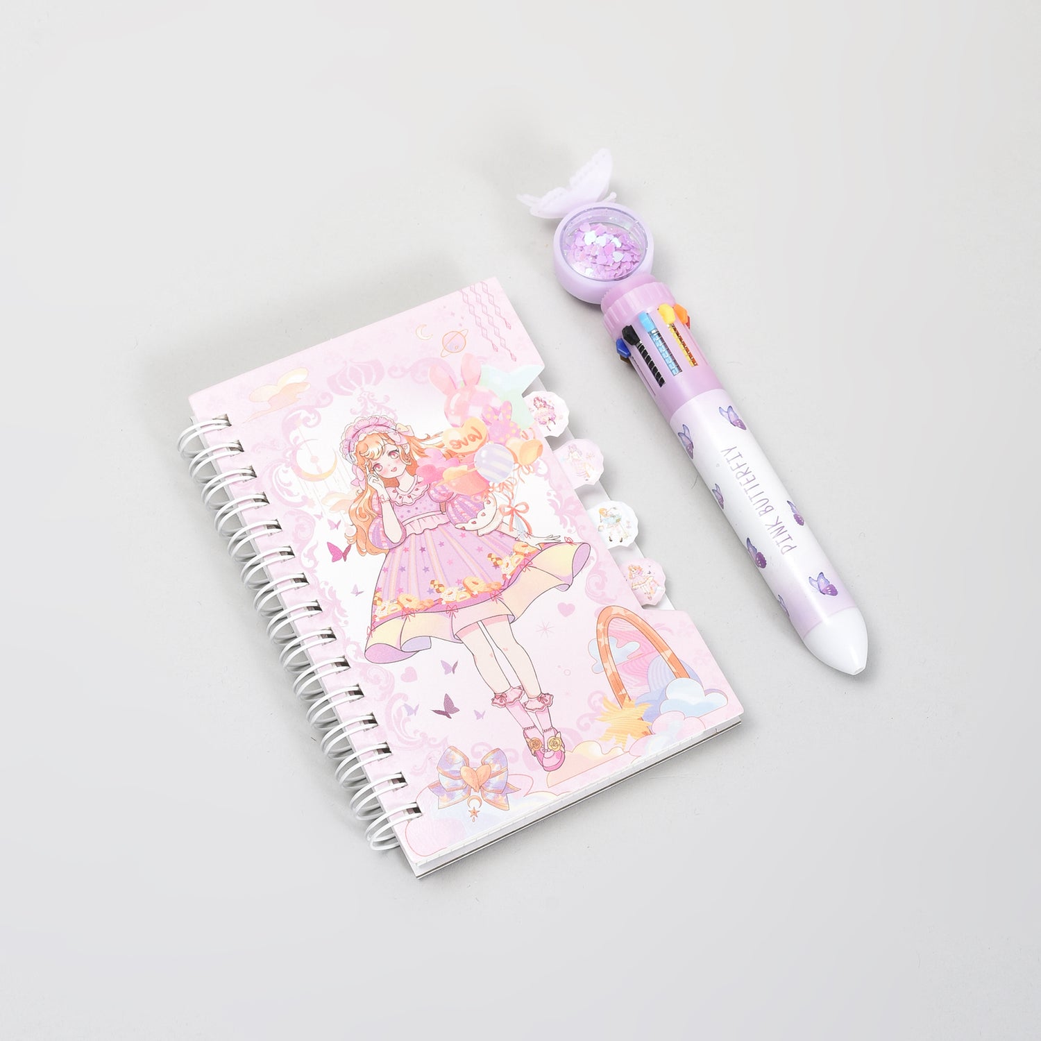 Fairy Tale Spiral Notebook &amp; Butterfly 10 Colour Pen Set- Purple