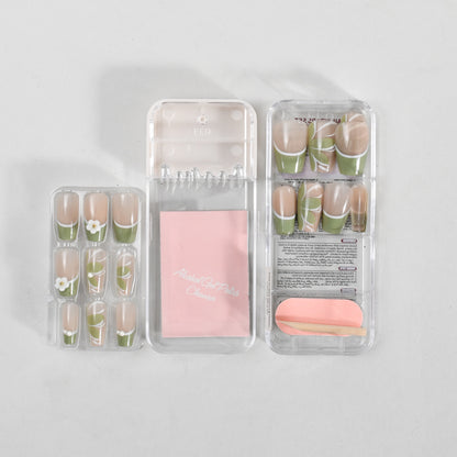 Press on Nail Wraps Set - Dancing Flower / Nude Beige &amp; Green