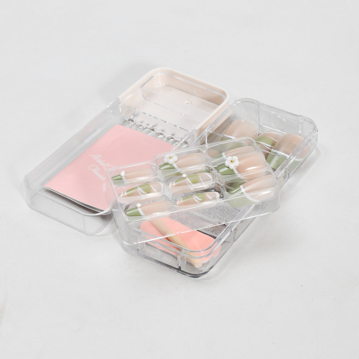 Press on Nail Wraps Set - Dancing Flower / Nude Beige &amp; Green