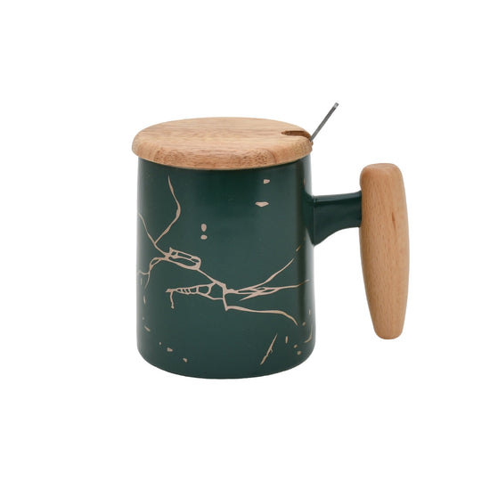 Marble Design Ceramic Mug with Wooden Handle and Lid -400 ml / Green Mumuso