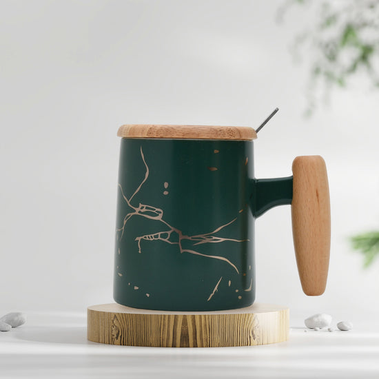 Marble Design Ceramic Mug with Wooden Handle and Lid -400 ml / Green Mumuso